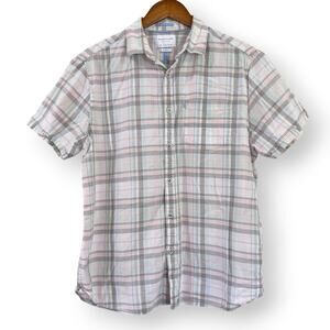 Denim & Flowers Mens Slim Fit Shirt L Short Sleeve Plaid Pastel Coastal Beach
